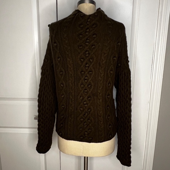 Theory Mixed Cable Knit Sweater in Military Green Brown Size XS wool cashmere - Picture 5 of 14